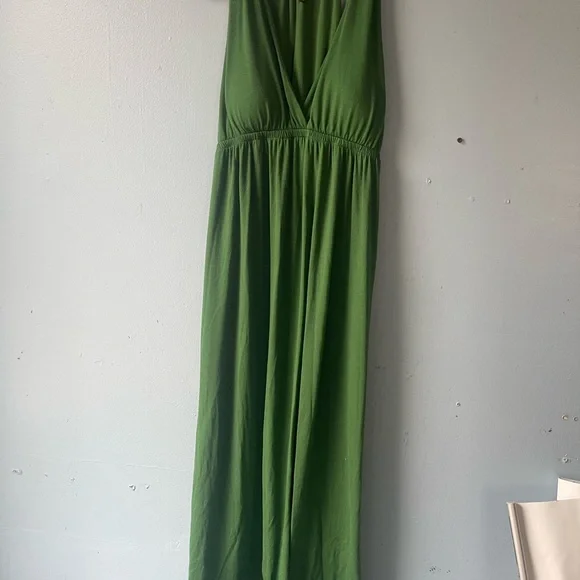 Mon Amie USA Green Halter Neck Plunge Maxi Dress Size Large Made in USA - Picture 3 of 5